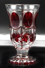 Antique Ruby Red Glass Vase Vine-Leaf motif-Faceted Glass