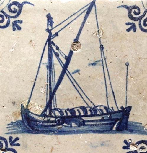 Carreau - Navire - Kaag - vers 1620 - 1640 - Ancienne tuile, Antiek en Kunst, Antiek | Glaswerk en Kristal