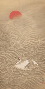 Very fine painting Crane in waves under rising sun, signed, Antiquités & Art, Antiquités | Autres Antiquités