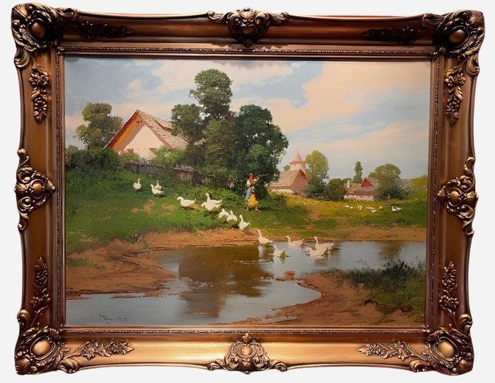 László Neogrády (1896–1962) - Village Scene with Woman and, Antiek en Kunst, Kunst | Schilderijen | Klassiek