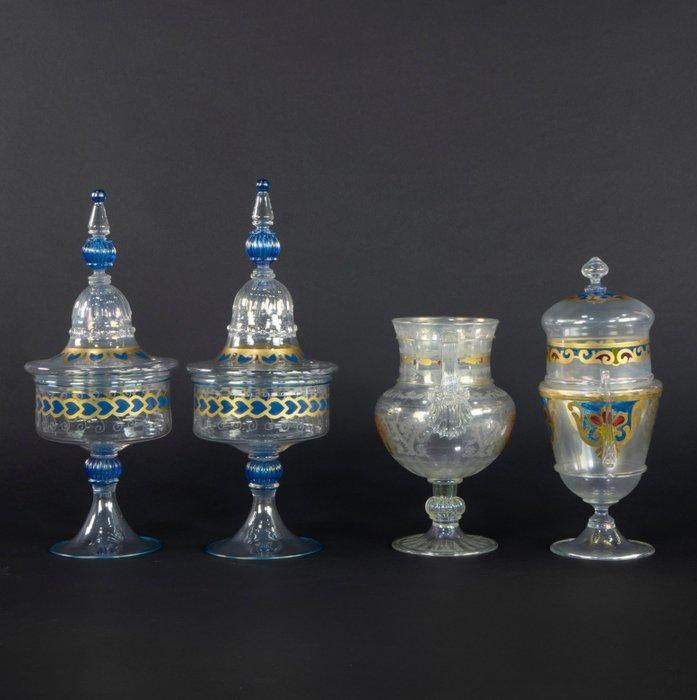 Murano - Beker (4) - Muranoglas - Mondgeblazen dekselbekers, Antiquités & Art, Antiquités | Verre & Cristal