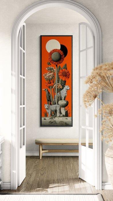 I_KONIQ - Black Parrot on red sun boho style 50 x 150 cm, Antiek en Kunst, Kunst | Designobjecten