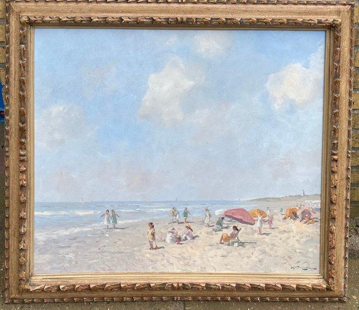 Joop van Leeuwen (1962- heden) - Zonnig dagje op het strand, Antiquités & Art, Art | Peinture | Classique