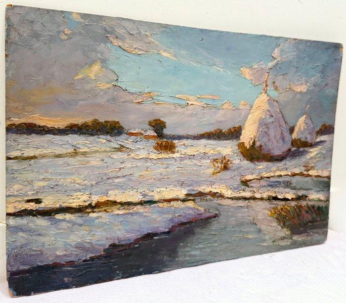 École française - Meules sous la neige au bord du Ruisseau, Antiek en Kunst, Kunst | Schilderijen | Klassiek