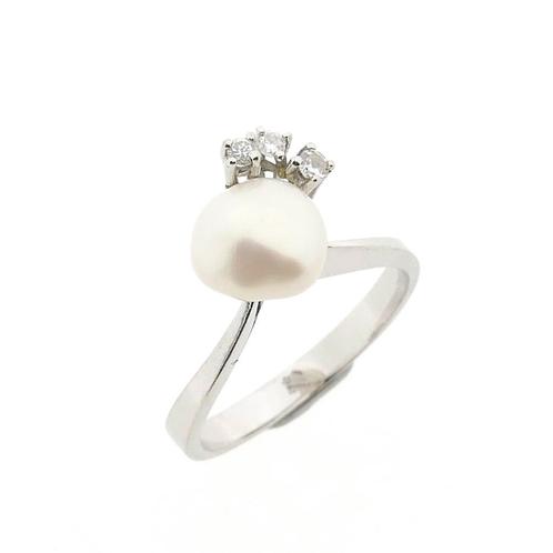 Witgouden ring met barok parel en diamant | 0,06 ct., Bijoux, Sacs & Beauté, Bagues, Enlèvement ou Envoi
