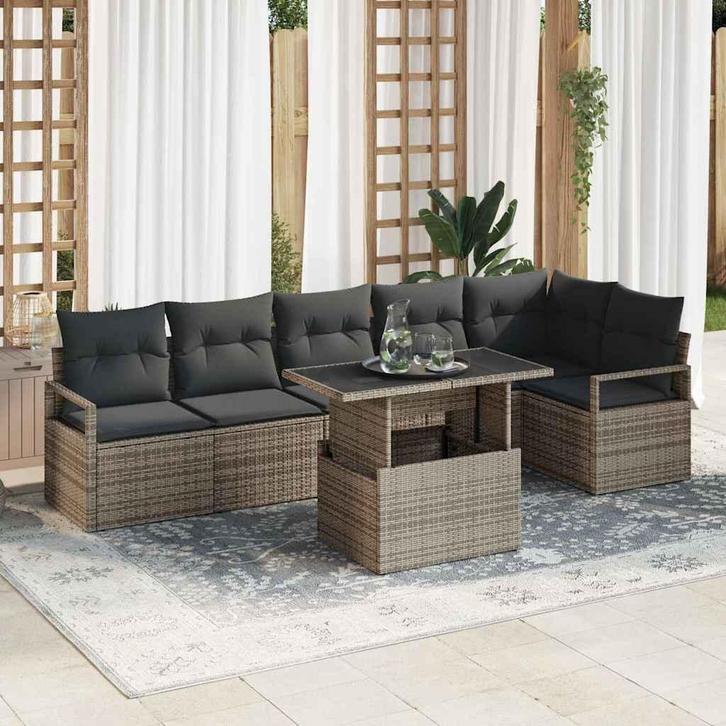 vidaXL Tuinbank Set met kussen 7 pcs Grijs Poly rattan, Tuin en Terras, Tuinsets en Loungesets, Nieuw, Verzenden