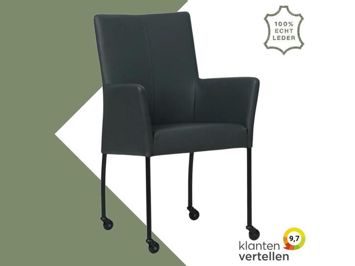 Leren eetkamerstoel Comfort met wieltjes en armleuning -, Huis en Inrichting, Stoelen, Blauw, Eén, Nieuw, Leer, Ophalen of Verzenden