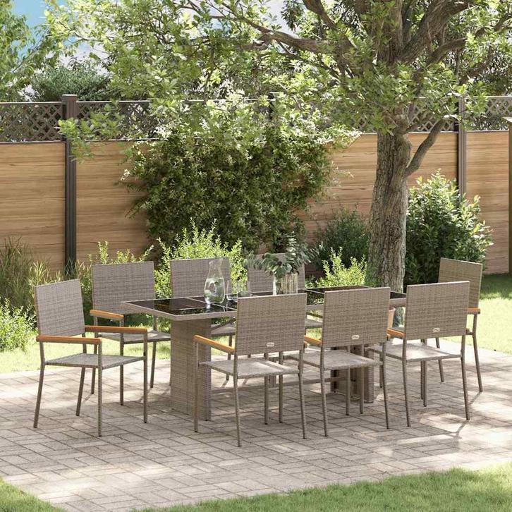 vidaXL Tuin Eettafel Set 9 pcs Grijs poly rattan, Tuin en Terras, Tuinstoelen, Nieuw, Verzenden