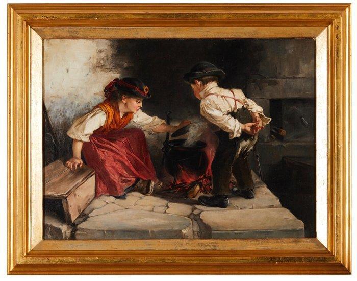 James Maxfield (1848-1910) - Children in kitchen setting, Antiek en Kunst, Kunst | Schilderijen | Klassiek