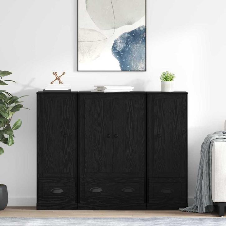 vidaXL Highboard met lade 3 pcs Zwart Eiken Bewerkt hout, Huis en Inrichting, Kasten | Dressoirs, Nieuw, Verzenden