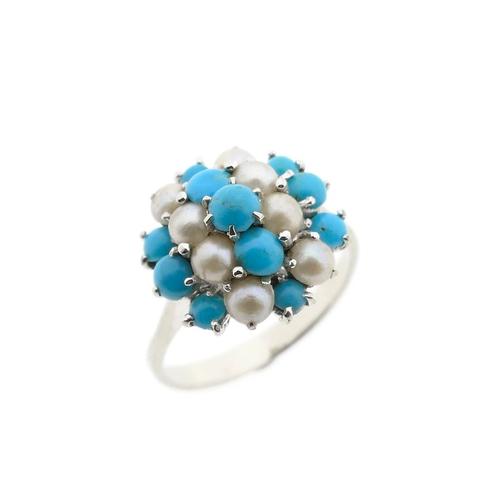 Witgouden ring met barok parel en turquoise (entourage ring), Handtassen en Accessoires, Ringen, Dame, Met edelsteen, Overige kleuren