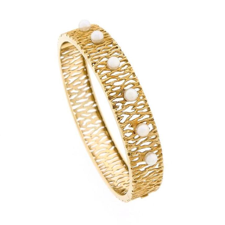 Gouden fantasie slaven armband met parels (schakelarmband), Handtassen en Accessoires, Armbanden, Goud, Gebruikt, Met edelsteen
