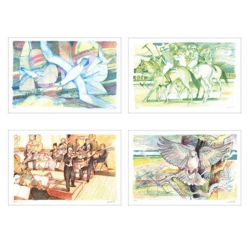 Paul Ambille - Lot de 4 lithographies : Bateaux et mouettes,, Antiek en Kunst, Antiek | Overige Antiek