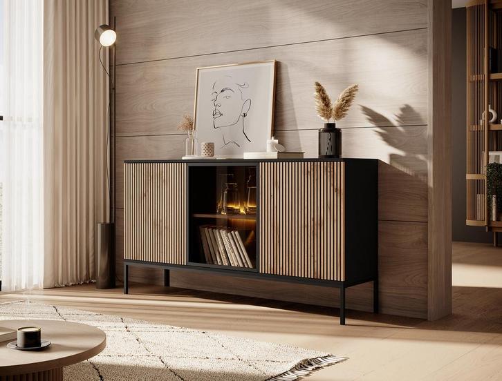 Meubella | Dressoir mat zwart 154x39x83cm met LED, Huis en Inrichting, Kasten | Dressoirs, 25 tot 50 cm, Nieuw, 150 tot 200 cm