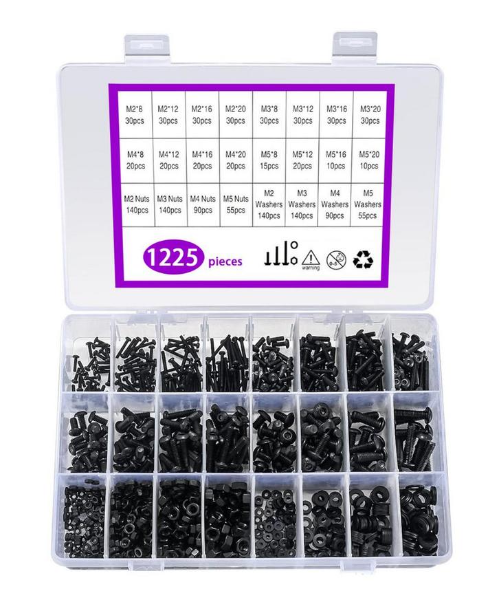 Zwarte boutjes en moertjes (M2, M3, M4, M5, 1225 stuks), Doe-het-zelf en Bouw, Gereedschap | Overige machines, Nieuw, Verzenden