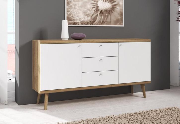 Dressoir Primavera - Wit - Licht eiken - 160 cm, Huis en Inrichting, Kasten | Dressoirs, 25 tot 50 cm, Nieuw, 150 tot 200 cm, Verzenden