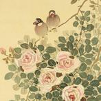 Pink Roses and Java Sparrow - with signature Jisshu  -, Antiek en Kunst