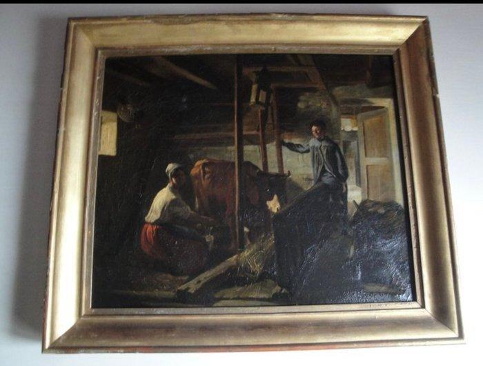 Franse school (XIX) - Scène de traite dans létable, Antiek en Kunst, Kunst | Schilderijen | Klassiek