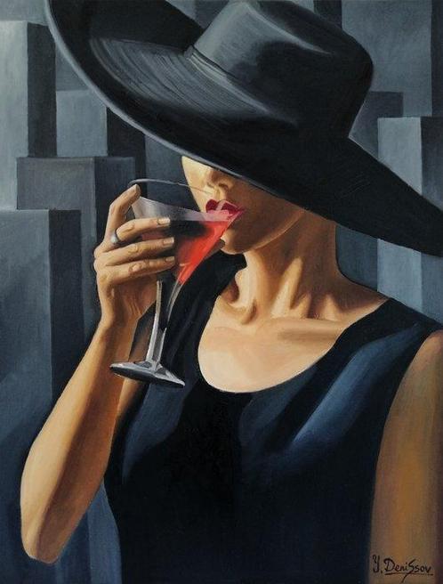 Yuri Denissov (1962) - Lady with a glass of wine, Antiek en Kunst, Kunst | Schilderijen | Modern