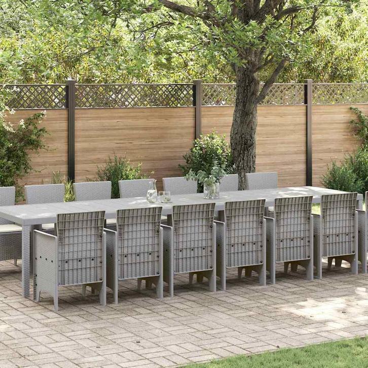 vidaXL Tuin Eettafel Set 15 pcs Lichtgrijs Polt riet, Tuin en Terras, Tuinsets en Loungesets, Nieuw, Verzenden