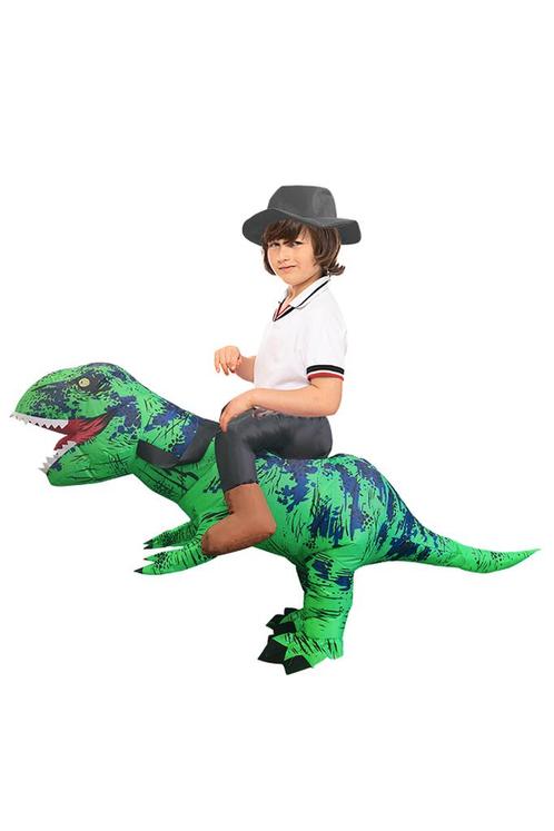 KIMU® Opblaas Kostuum Kinderen Rijdend op T-Rex Groen 80 86, Kinderen en Baby's, Carnavalskleding en Verkleedspullen, Nieuw, Ophalen of Verzenden