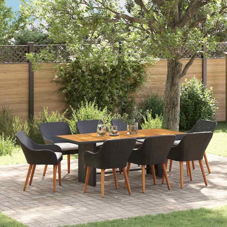 vidaXL Tuin Eettafel Set met kussen 9 pcs Zwart en bruin, Tuin en Terras, Tuinsets en Loungesets, Nieuw, Verzenden