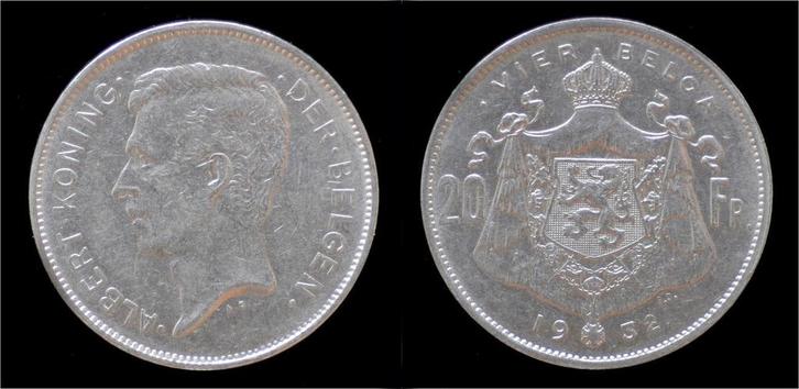 Belgium Albert I 20 frank (4belga) 1932-vl-pos A nickel, Postzegels en Munten, Munten | Europa | Niet-Euromunten, België, Verzenden