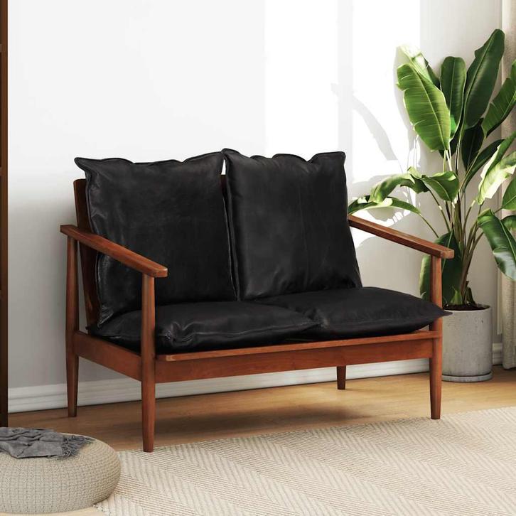 vidaXL Tweezitsbank echt leer en massief acaciahout zwart, Huis en Inrichting, Zetels | Zetels, Nieuw, Verzenden