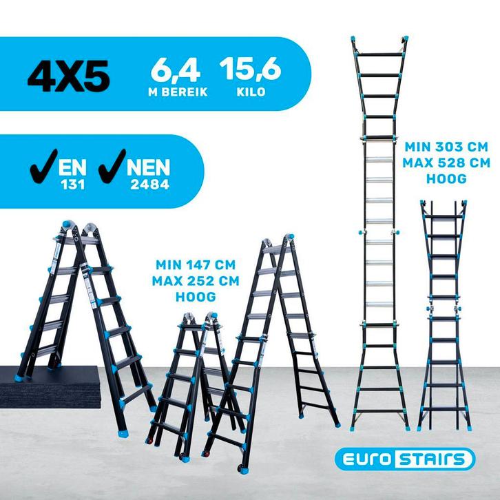 Vouwladder / multiladder Eurostairs 4x5 voor professionals, Doe-het-zelf en Bouw, Ladders en Trappen, Ladder, Nieuw, Opvouwbaar of Inschuifbaar