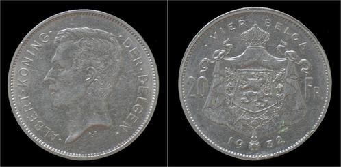 Belgium Albert I 20 frank (4belga) 1932-vl-pos B nickel, Timbres & Monnaies, Monnaies | Europe | Monnaies non-euro, Envoi