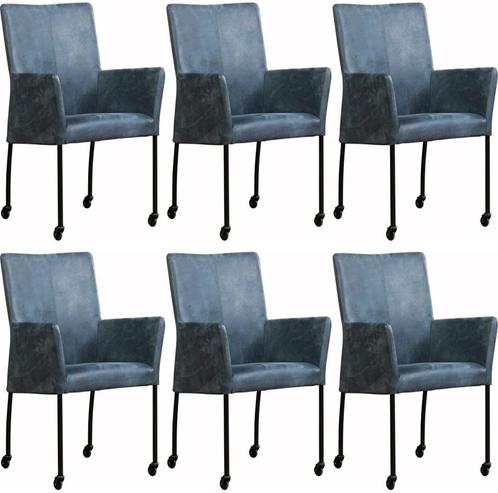 Set van 6 Leren eetkamerstoelen - met wieltjes en armleuning, Huis en Inrichting, Stoelen, Overige kleuren, Vijf, Zes of meer stoelen