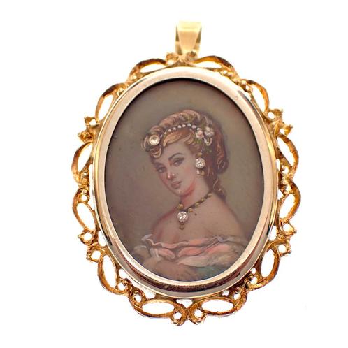 Vintage bicolor gouden hanger/broche met geschilderd portret, Handtassen en Accessoires, Bedels, Gebruikt, Overige merken, Goud