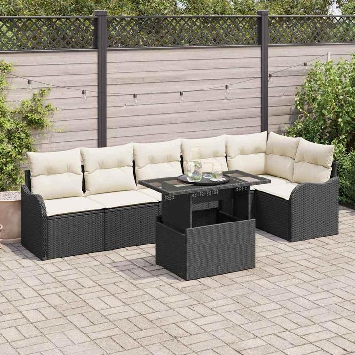 vidaXL Tuinbank Set met kussen met kussen 7 pcs Zwart Poly, Tuin en Terras, Tuinsets en Loungesets, Nieuw, Verzenden