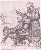 Man trekt Duitse wagen op spotprent (lijst optie), Verzamelen, Militaria | Tweede Wereldoorlog, Verzenden, Foto of Poster