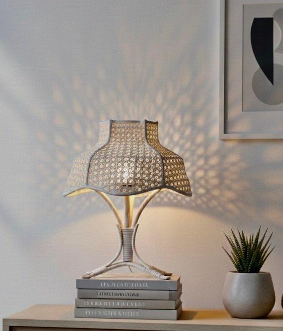 Tafellamp - Vintage rieten en bamboe tafellamp in wit -, Antiek en Kunst, Curiosa en Brocante