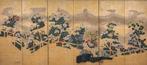 Byôbu  (vouwscherm) - Zijde, goudblad, gelakt hout, zijde,