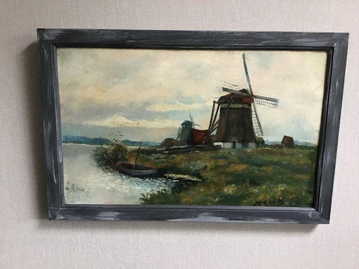 Nederlandse school (XX) - Molen in de polder., Antiek en Kunst, Kunst | Schilderijen | Klassiek