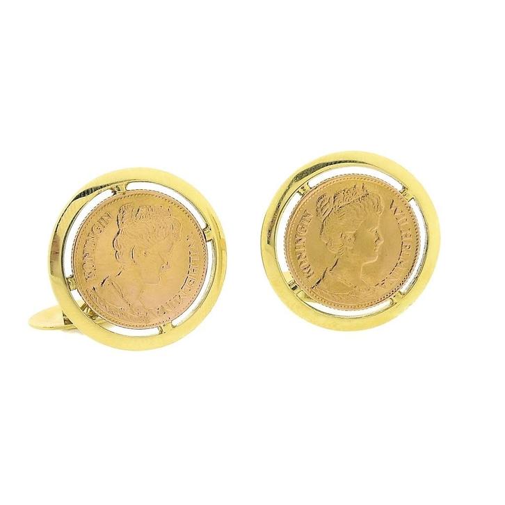 Gouden manchetknopen met 5 gulden munt Koningin Wilhelmin..., Handtassen en Accessoires, Manchetknopen, Gebruikt, Goud, Ophalen of Verzenden