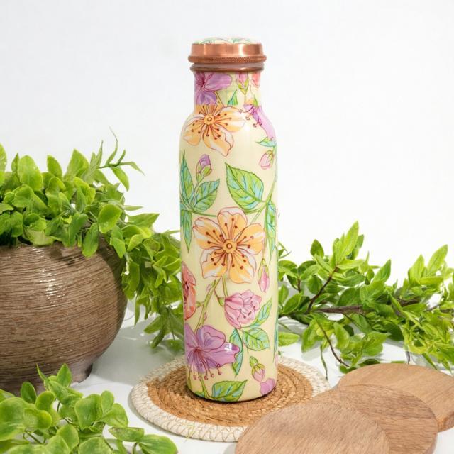 Puur koperen waterfles bloemenprint groen/rose/wit ± 950 ml, Sport en Fitness, Gezondheidsproducten en Wellness, Ophalen of Verzenden