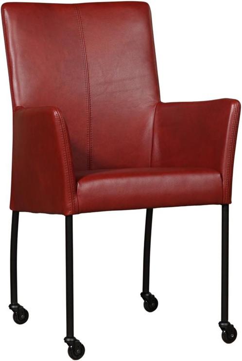 Rode leren moderne eetkamerstoel - poot rond zwart met wiel, Huis en Inrichting, Stoelen, Overige kleuren, Eén, Nieuw, Leer, Ophalen of Verzenden