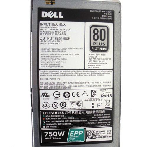 Dell 750W PowerEdge Power Supply 80 Plus Platinum L750E-S0, Computers en Software, Interne voedingen, Refurbished, Verzenden