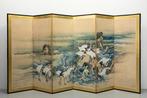 Een zesdelig bybu-vouwscherm, geschilderd op papier, met