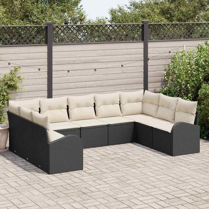 vidaXL Bankstel met kussen 9 pcs Zwart Poly Riet, Tuin en Terras, Tuinsets en Loungesets, Nieuw, Verzenden