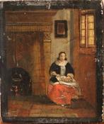 Franse school (XIX) - Interieur met dame, Antiek en Kunst