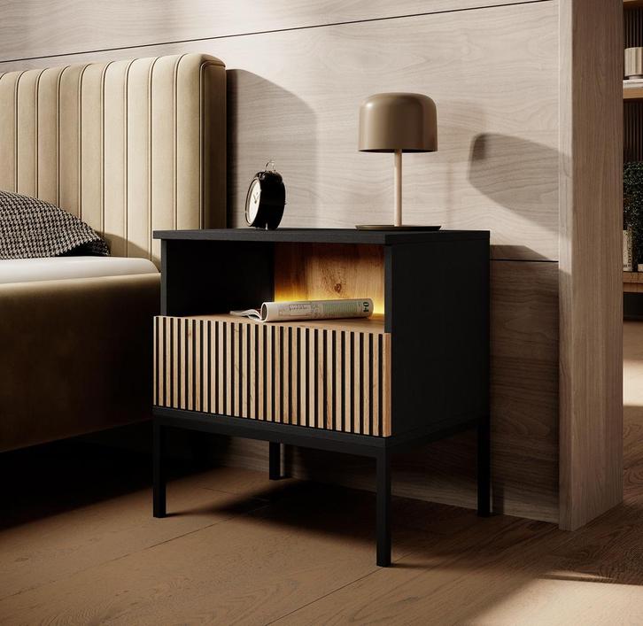 Meubella nachtkastje Legend zwart met lade 56cm hoog, Huis en Inrichting, Kasten | Overige, Nieuw, Verzenden