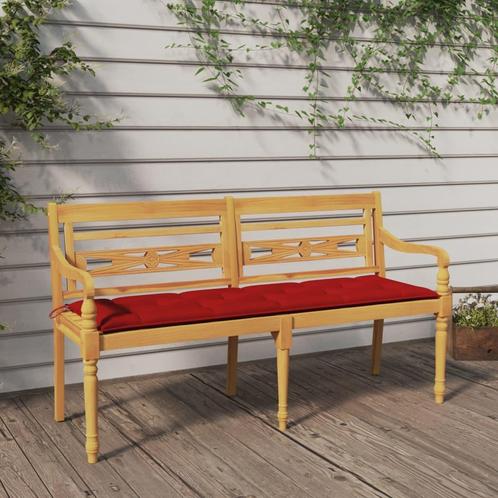 vidaXL Bankje Batavia met rood kussen 150 cm massief, Tuin en Terras, Tuinsets en Loungesets, Nieuw, Verzenden