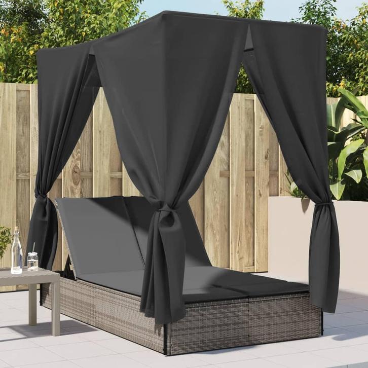 vidaXL Ligbed tweepersoons met dak en gordijn poly rattan, Tuin en Terras, Ligbedden, Nieuw, Verzenden