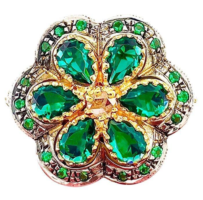 Zonder Minimumprijs - Ring - 9 kt. Geel goud, Zilver Smaragd, Handtassen en Accessoires, Ringen