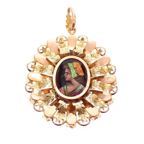 Vintage bicolor gouden hanger met emaille portret, Bijoux, Sacs & Beauté, Bracelets à breloques, Enlèvement ou Envoi