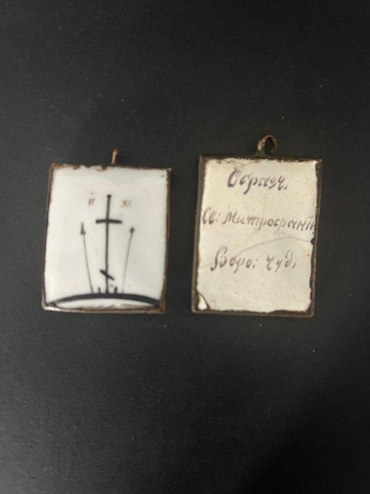 Icoon - Twee heiligen - Emaille, Messing - Finifts, Antiquités & Art, Art | Art non-occidental